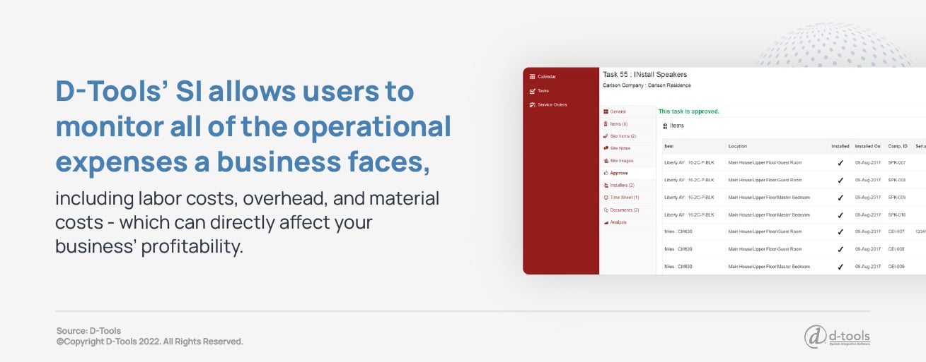 A screen shot of D-Tools software paired with the following text pulled from the article: D-Tools' SI allows users to monitor all of the operational expenses a business faces, including labor costs, overhead, and material costs - which can directly affect your business' profitability.