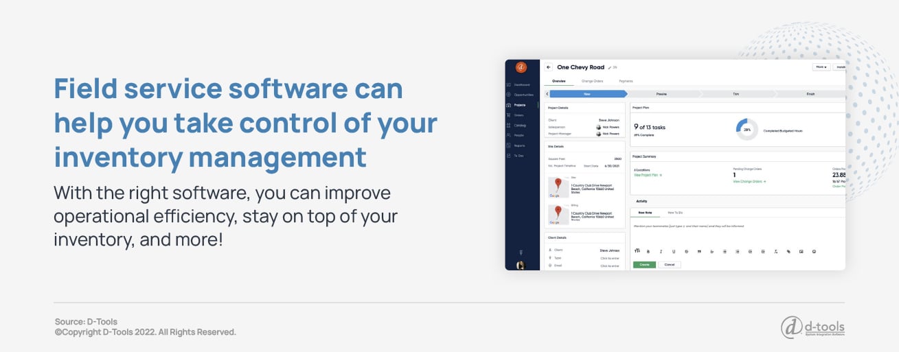 A screen shot of D-Tools software alongside a quote pulled from the text that reads: Field service software can help you take control of your inventory management. With the right software, you can improve operational efficiency, stay on top of your inventory, and more!