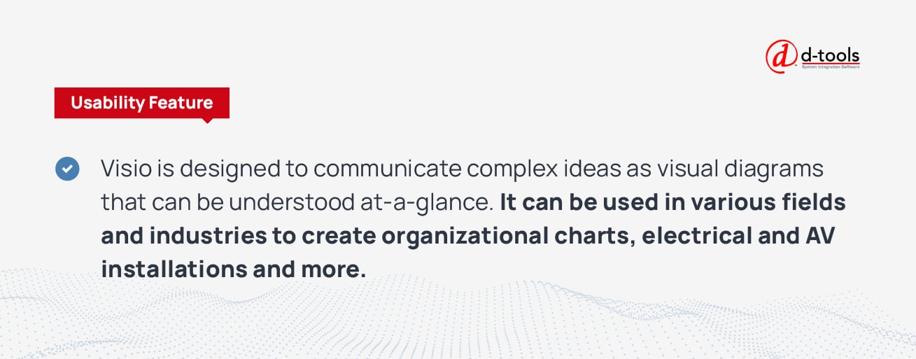 Visio is designed to communicate complex ideas as visual diagrams that can be understood at-a-glance. It can be used in various fields and industries to create organizational charts, electrical and AV installations, and more.