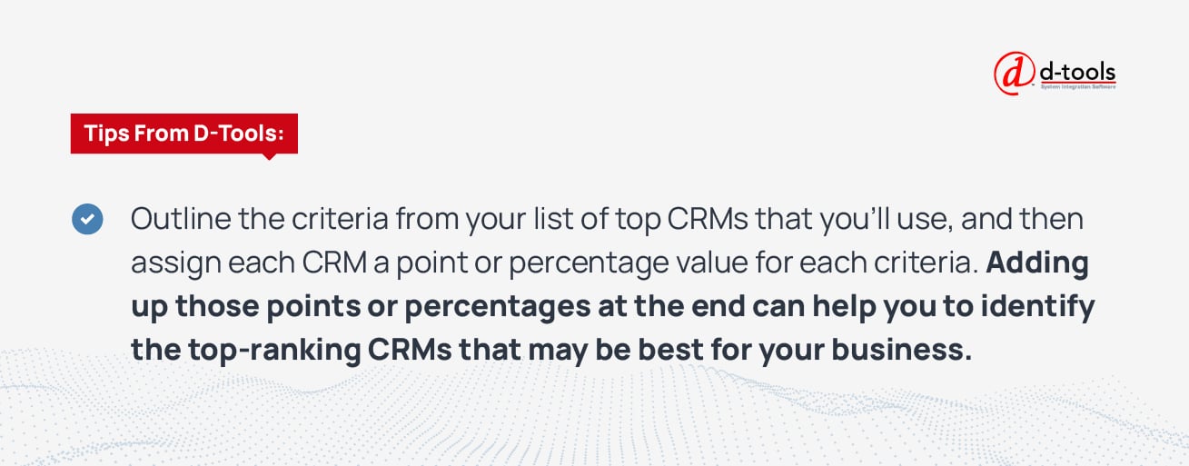 Outline the criteria from your list of top CRMs that you'll use, and then assign each CRM a point or percentage value for each criteria. Adding up those points or percentages at the end can help you identify the top-ranking CRMs that may be best for your business.