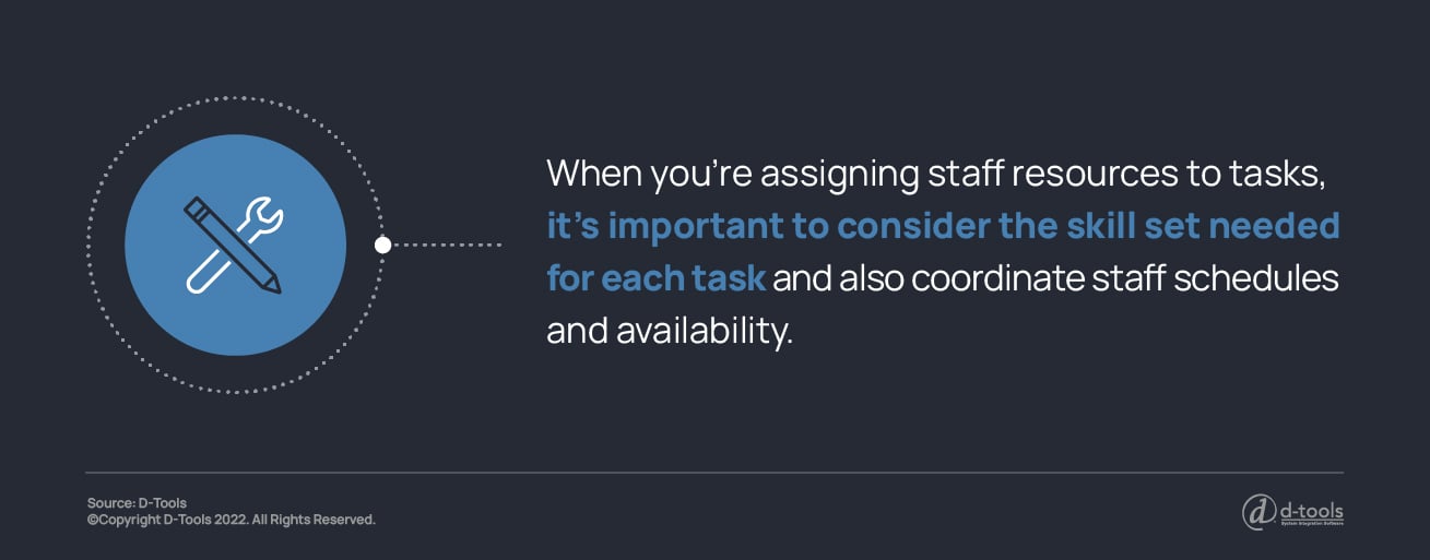 When you're assigning staff resources to tasks, it's important to consider the skill set needed for each task and also coordinate staff schedule and availability.