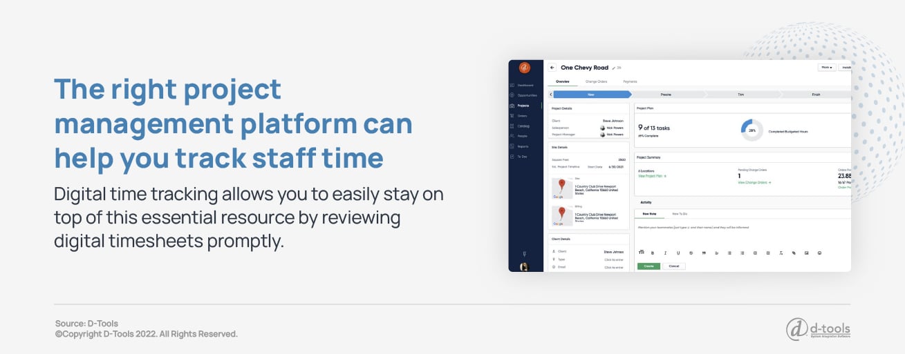 The right project management platform can help you track staff time. Digital time tracking allows you to easily stay on top of this essential resource by reviewing digital timesheets promptly