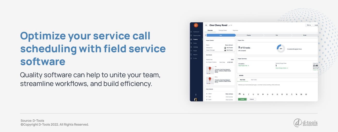 A screen shot of D-Tools software with a pull quote that reads: Optimize your service call scheduling with field service software. Quality software can help to unite your team, stream workflows, and build efficiency.
