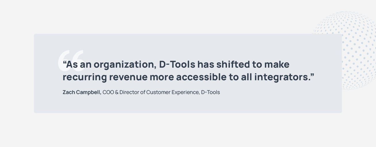 A graphic treatment of a quote pulled from the text that reads: "As an organization, D-Tools has shifted to make recurring revenue more accessible to all integrators." - Zach Campbell, COO & Director of Customer Experience, D-Tools