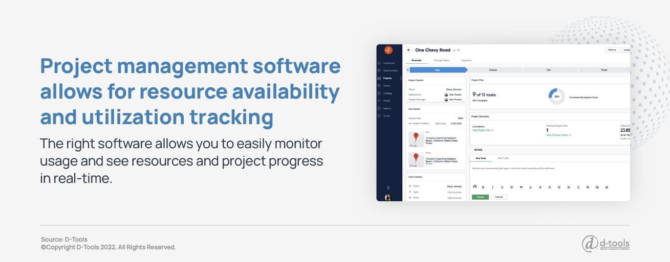 Project management software allows for resource availability and utilization tracking. The right software allows you to easily monitor usage and see resources and project progress in real time.