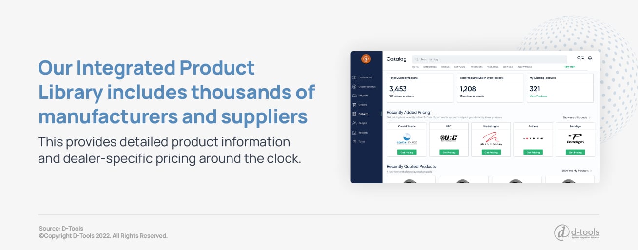 Our Integrated Product Library includes thousands of manufacturers and suppliers. This provides detailed product information and dealer-specific pricing around the clock.