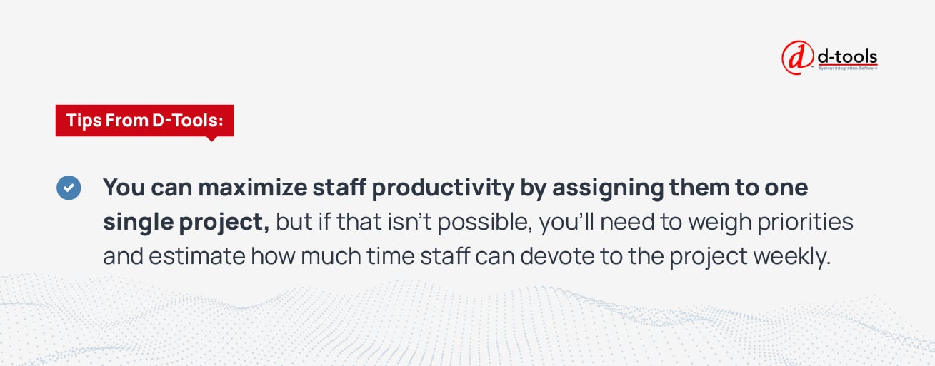 A quote pulled from the text that reads: You can maximize staff productivity by assigning each team member to one project, but if that isn’t possible, you’ll need to weigh priorities and estimate how much time staff can devote to the project weekly. 
