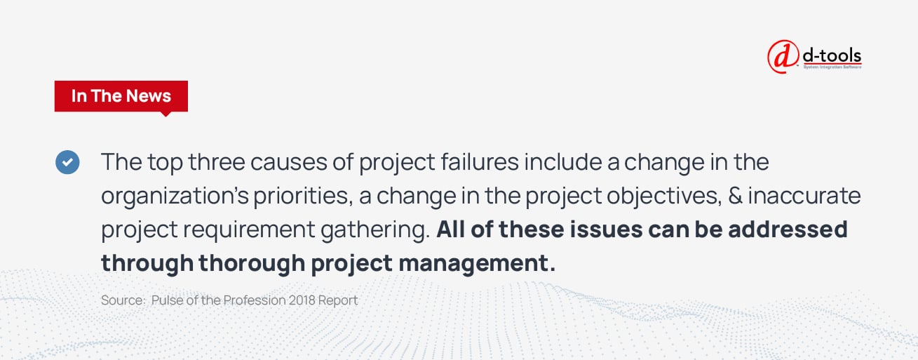 The top three causes of project failures include a change in the organization's priorities, a change in the project objectives, & inaccurate project requirement gathering. All of these issues can be addressed through thorough project management.